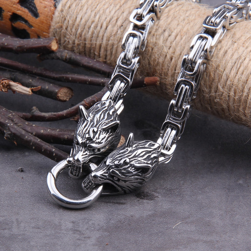 Stainless Steel Wolf Head with Square Chain Necklace